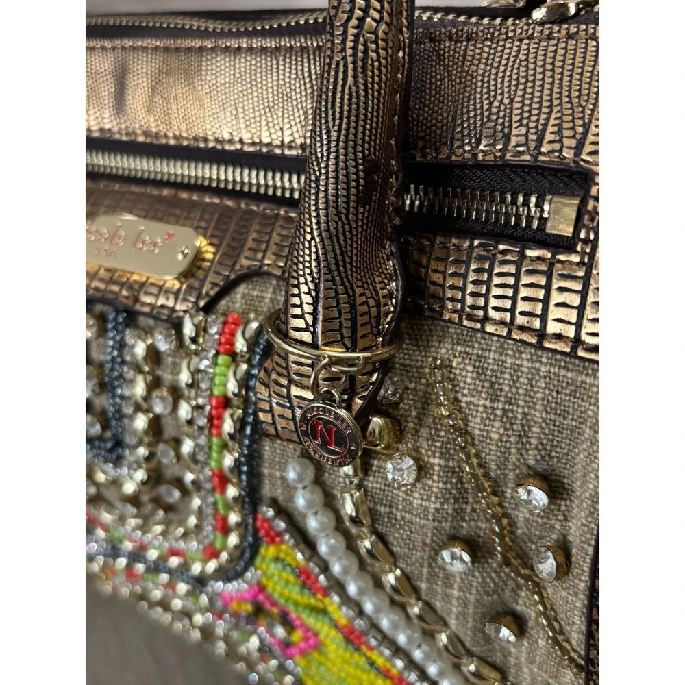 Nicole Lee Beaded Crystal Satchel Bag Metallic Bronze Tan Geometric Boho Handbag